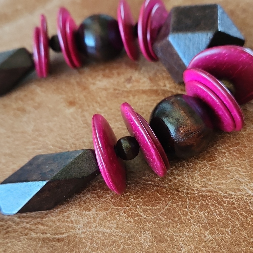 BOHO Wooden Pink Brown Beaded Chunky Necklace - Picture 8 of 8